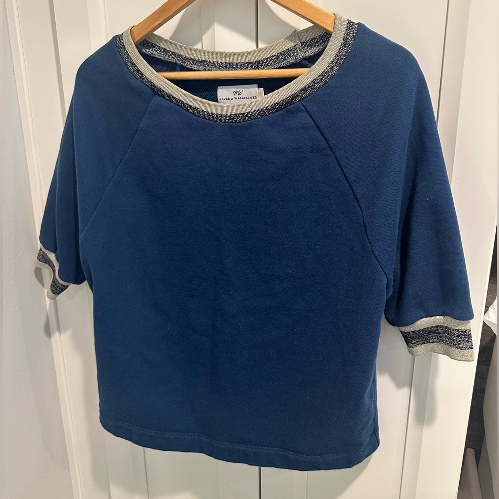 Never a Wallflower Navy Short Sleeve Sweater with Silver and Black Trim